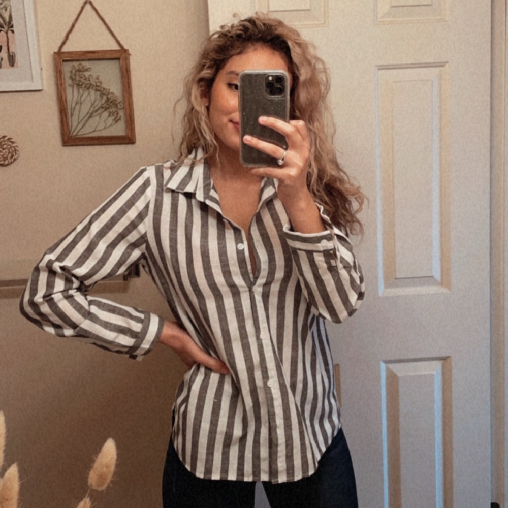 Grey White Striped Button DownTop